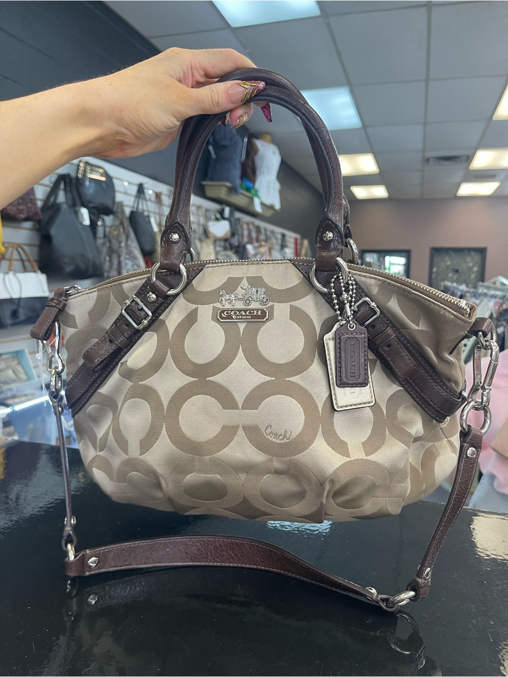 Coach Beige Signature Canvas Satchel with Brown Leather Trim - Picture 5 of 9